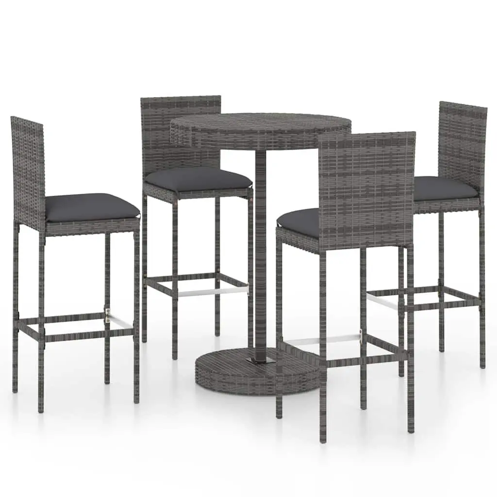 5 Piece Outdoor Bar Set Grey Poly Rattan Stools Table with Cushions Powder-Coated Steel Frame