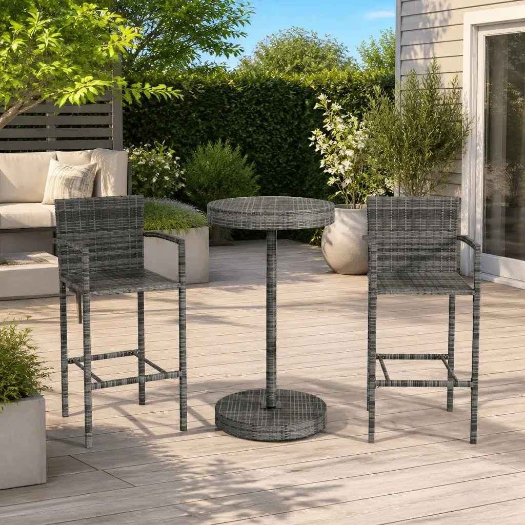 3 Piece Garden Bar Set Powder-Coated Steel Grey Outdoor Bar Table and Stools PE Rattan