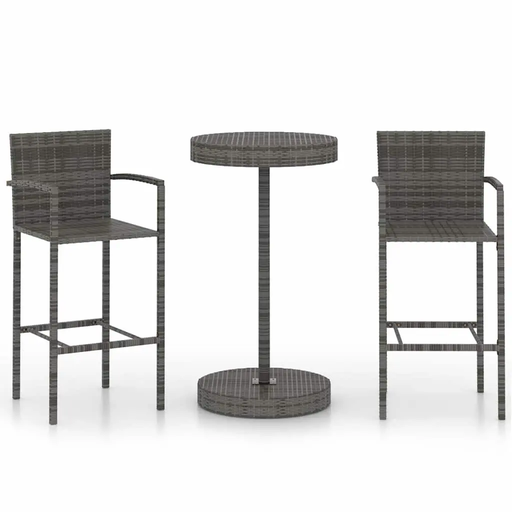 3 Piece Garden Bar Set Powder-Coated Steel Grey Outdoor Bar Table and Stools PE Rattan