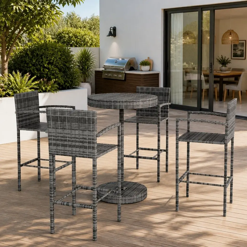 5 Piece Garden Bar Set Outdoor Poly Rattan Table Stools Grey