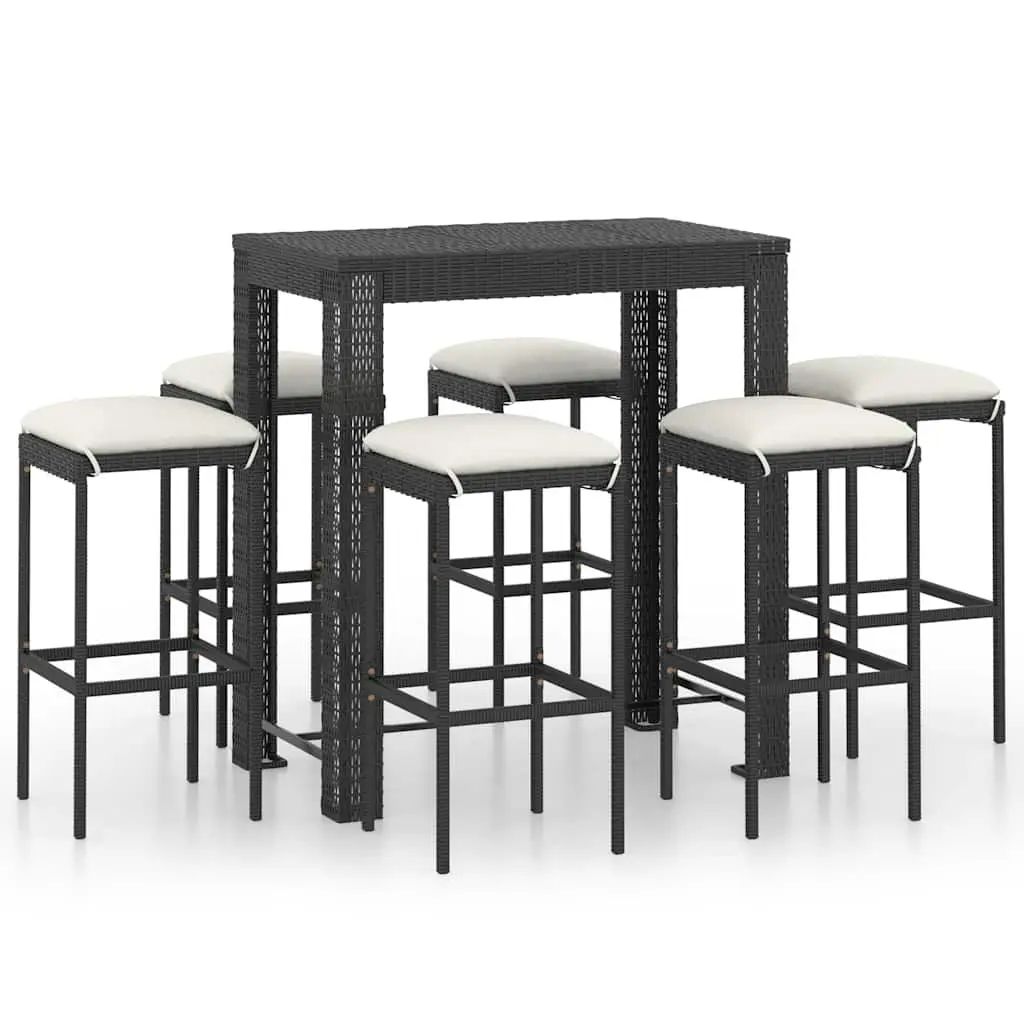 7 Piece Outdoor Bar Set Cushioned Poly Rattan Stools Table Black Steel Frame