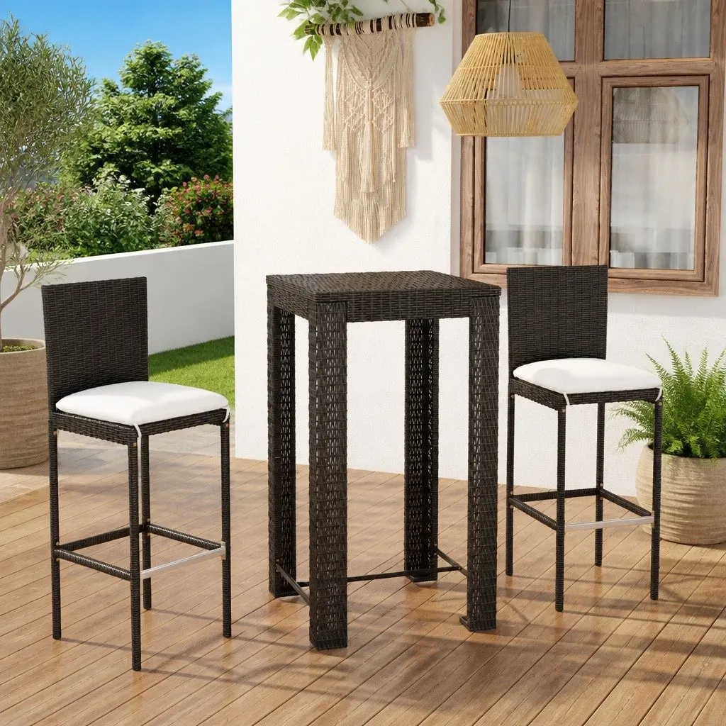 3 Piece Outdoor Bar Set Poly Rattan Bar Table Stools Black