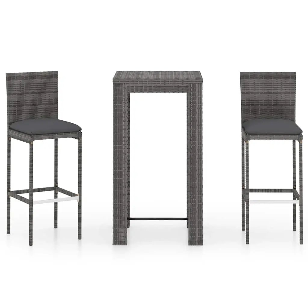 3 Piece Outdoor Bar Set Poly Rattan Garden Bar Table and Stools Grey