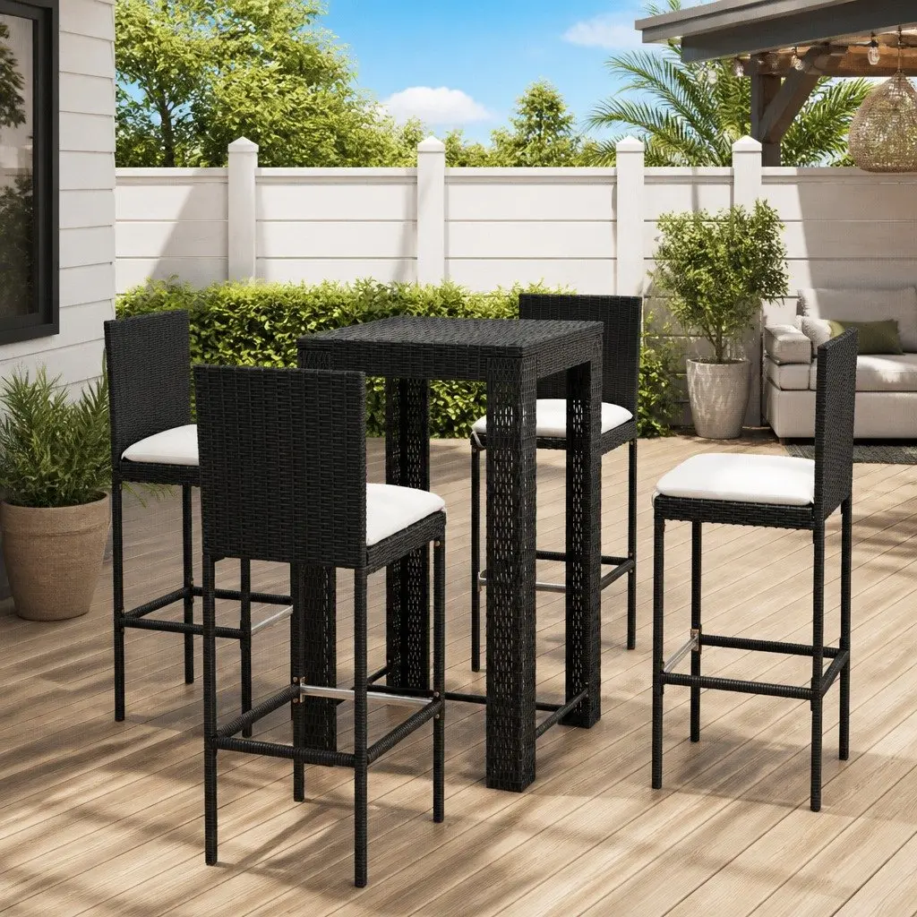 Outdoor Bar Set Poly Rattan 5 Piece Black Garden Bar Table Stools