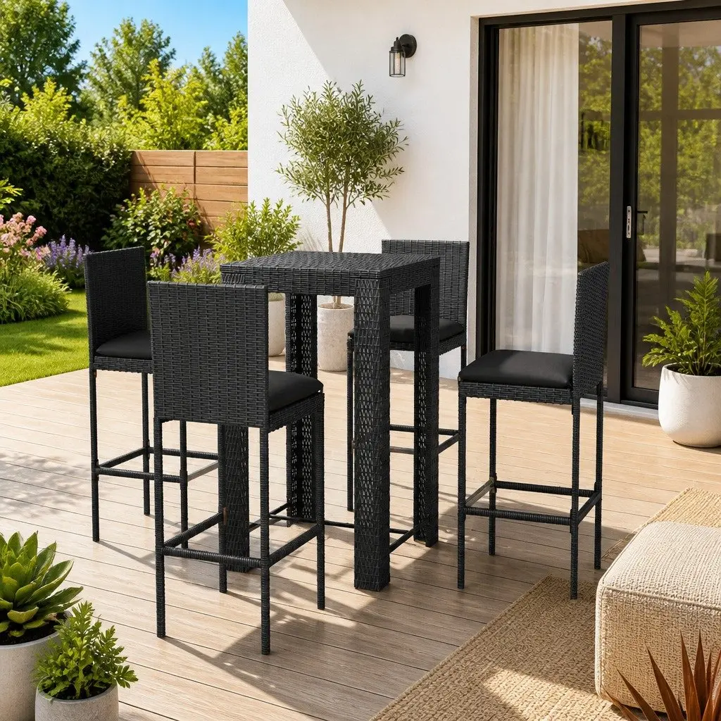 5 Piece Grey Garden Bar Set Outdoor Furniture Poly Rattan Table and Stools with Cushions for Patio Enjoyment