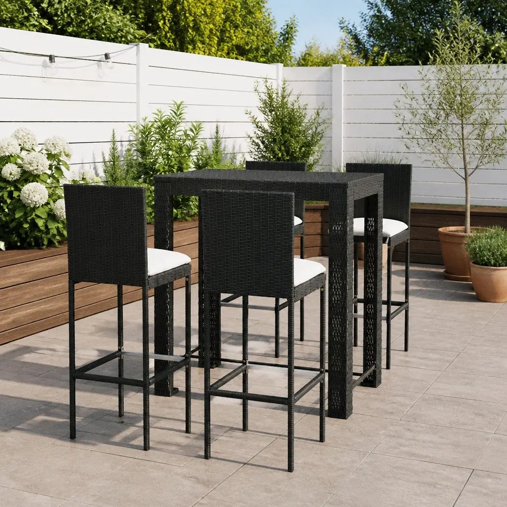 5 Piece Outdoor Bar Set Black Poly Rattan Table and Stools with Cushions Weather Resistant Steel Frame
