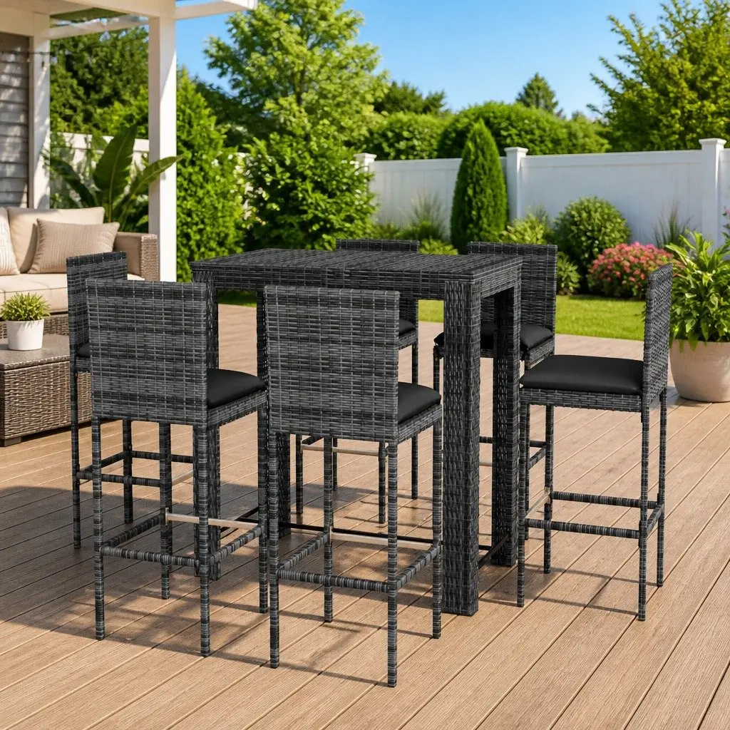 Outdoor Bar Set Grey Cushioned Poly Rattan Table and Stools 7 Piece for Patio Garden