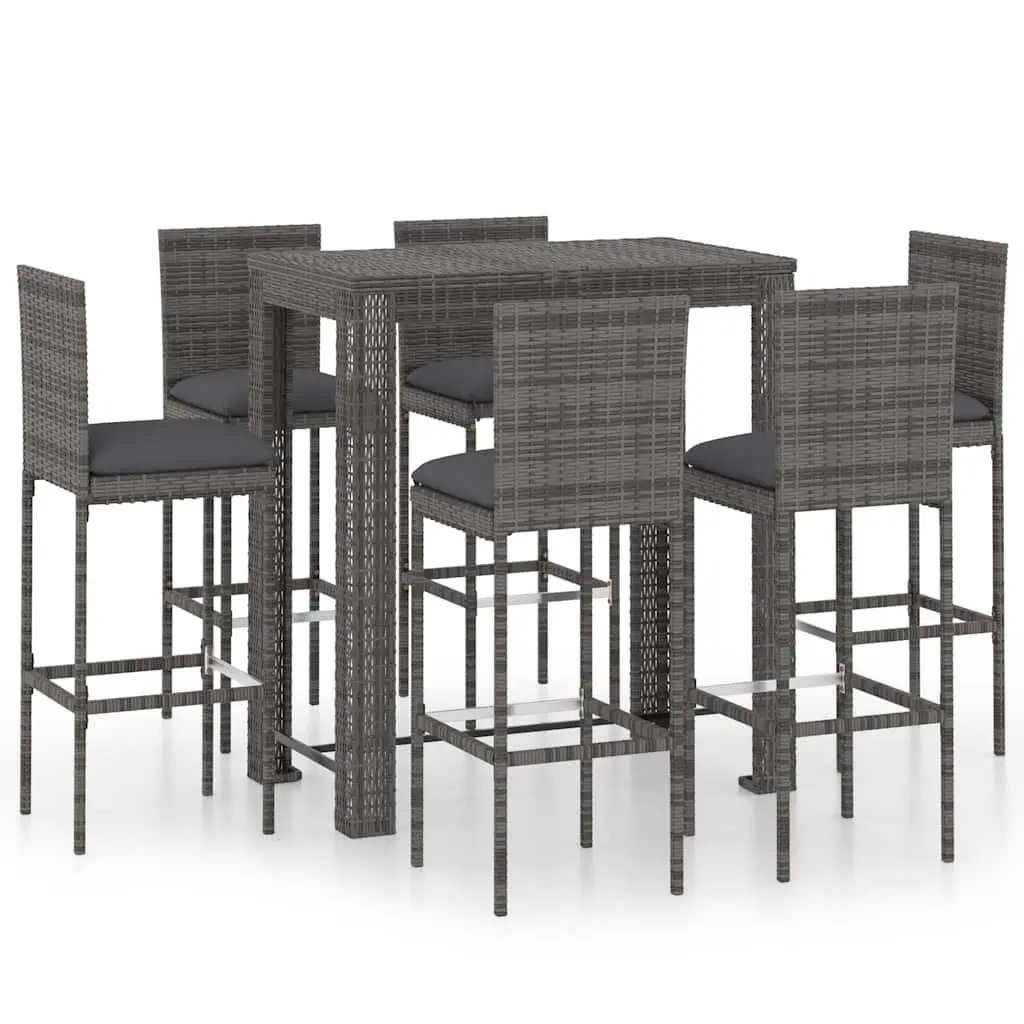 Outdoor Bar Set Grey Cushioned Poly Rattan Table and Stools 7 Piece for Patio Garden