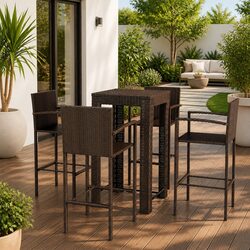5 Piece Outdoor Bar Set Brown PE Rattan Garden Furniture with Stools and Table