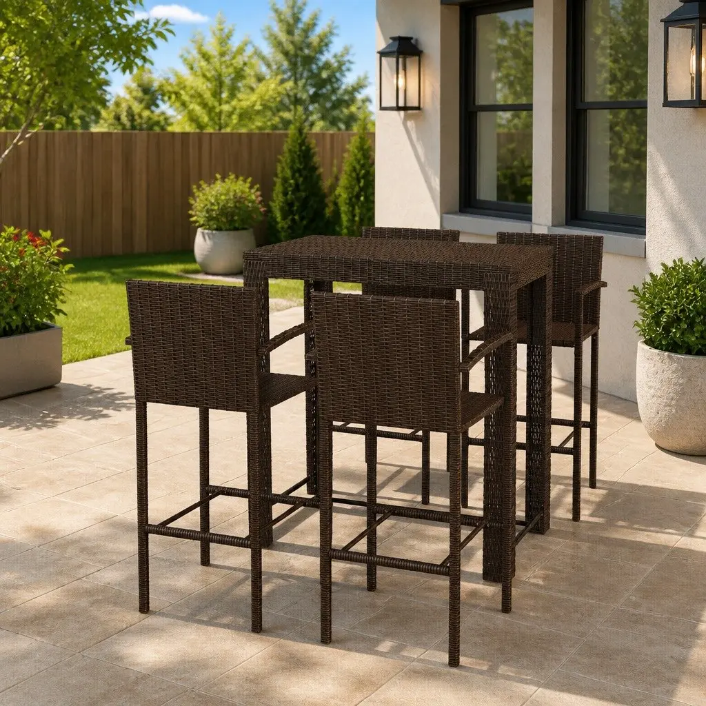 Outdoor Bar Set Poly Rattan 5 Piece Garden Patio Table Stools Brown