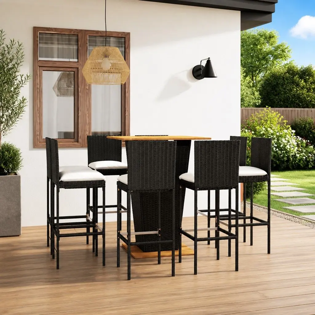 Garden Bar Set 9 Piece Outdoor Furniture PE Rattan Stools Powder-Coated Steel Frame Solid Acacia Wood Top Black