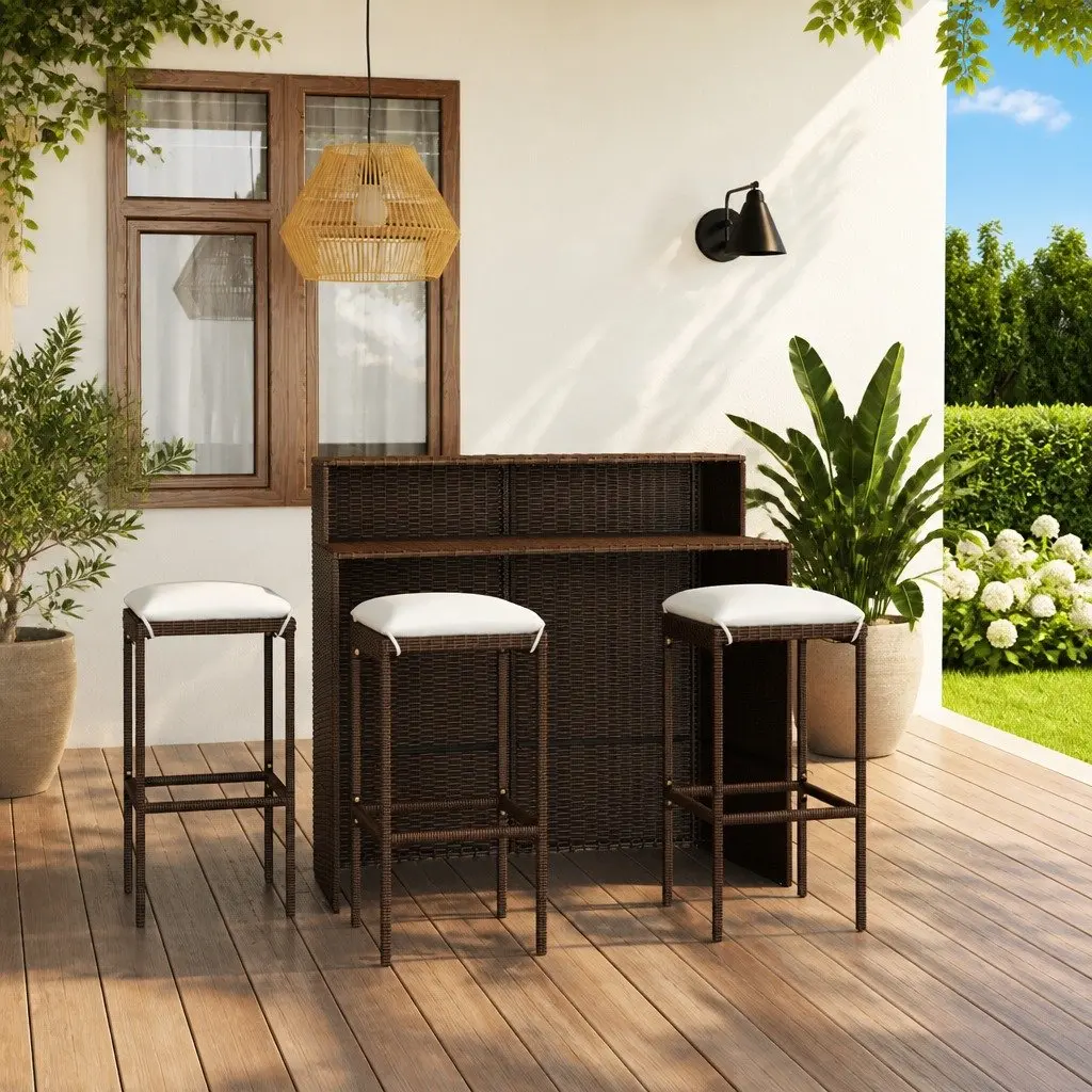Garden Bar Set PE Rattan 4 Piece Outdoor Patio Furniture with Cushions Brown