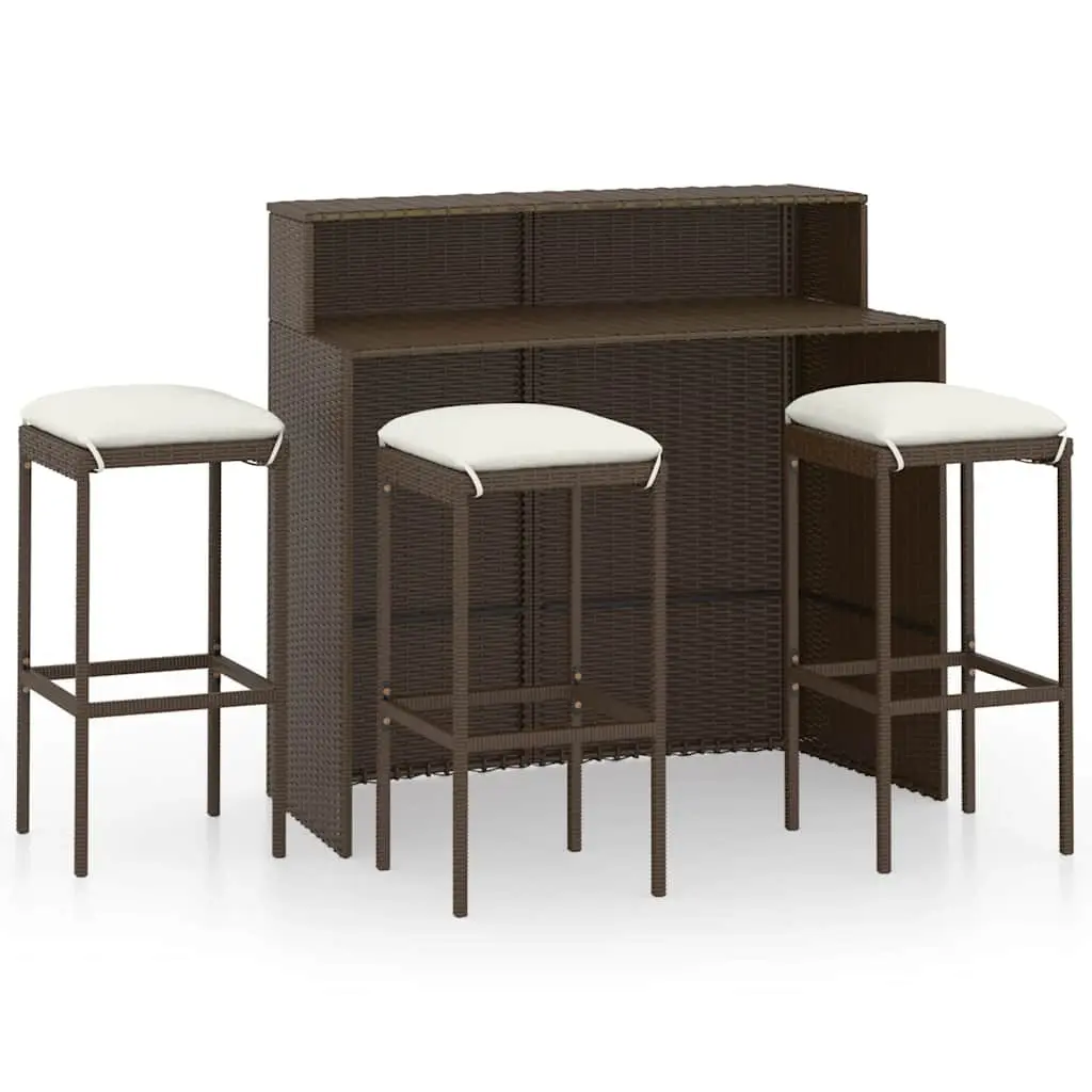 Garden Bar Set PE Rattan 4 Piece Outdoor Patio Furniture with Cushions Brown
