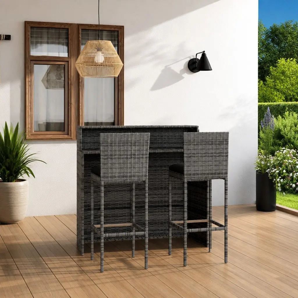 3 Piece Garden Bar Set PE Rattan Powder-Coated Steel Grey with Cushions