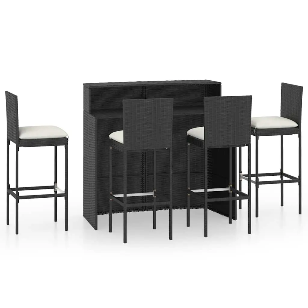 5 Piece Rattan Garden Bar Set Outdoor Furniture Black Table and Stools with Cushions