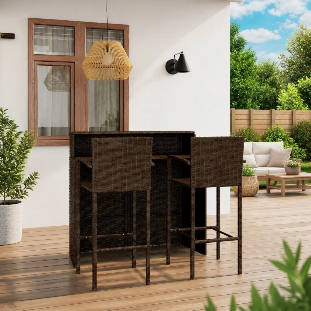 3 Piece Garden Bar Set PE Rattan Steel Frame Brown