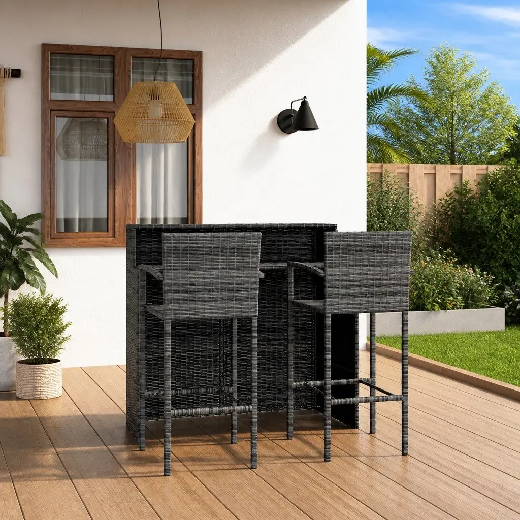3 Piece Garden Bar Set PE Rattan Grey Outdoor Patio Furniture Stool Table