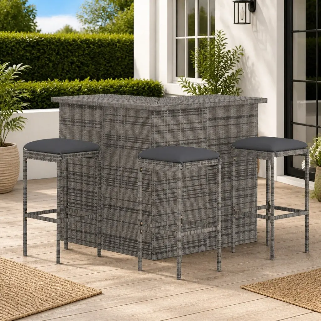 Garden Bar Set PE Rattan 4 Piece Grey with Powder Coated Steel Frame and Seat Cushions