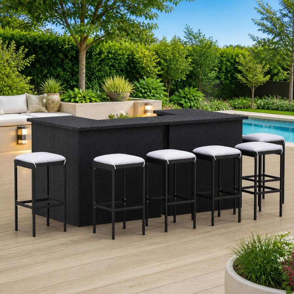 Outdoor Bar Set 8 Piece Lightweight PE Rattan Furniture with Cushions Black Steel
