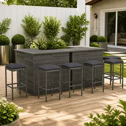 Garden Bar Set 8 Piece Outdoor Furniture Poly Rattan with Cushions Grey Patio