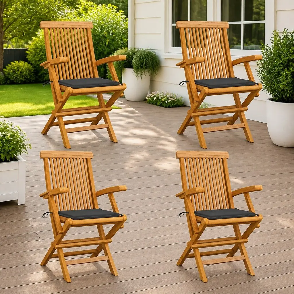 Outdoor Chairs Teak Hardwood Set 4 Piece Lightweight Foldable with Cushions Anthracite