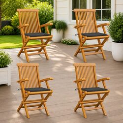 4 Folding Teak Wood Chairs with Cushions for Patio