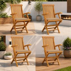 Outdoor Folding Teak Chairs Set of 4 with Comfort Cushions