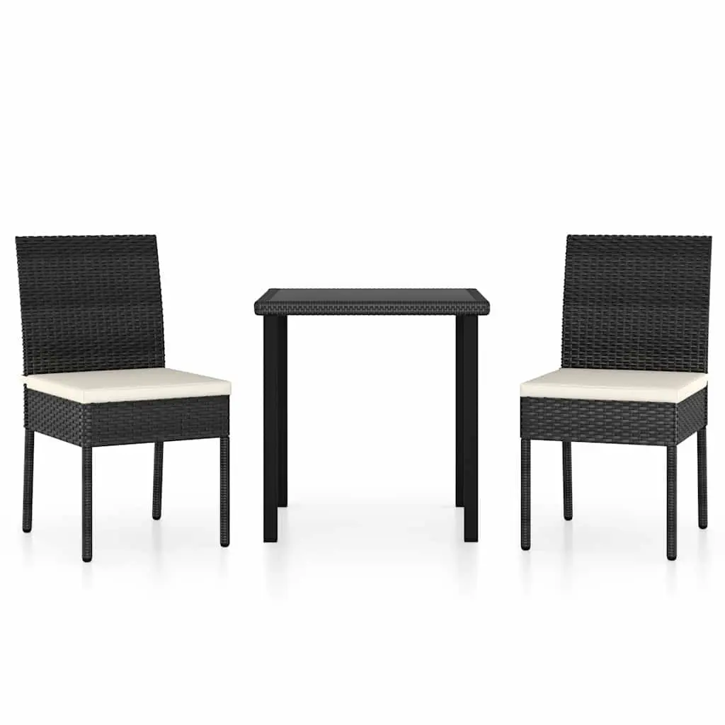 3 Piece Outdoor Garden Dining Set Black Poly Rattan Table Chairs Patio Furniture