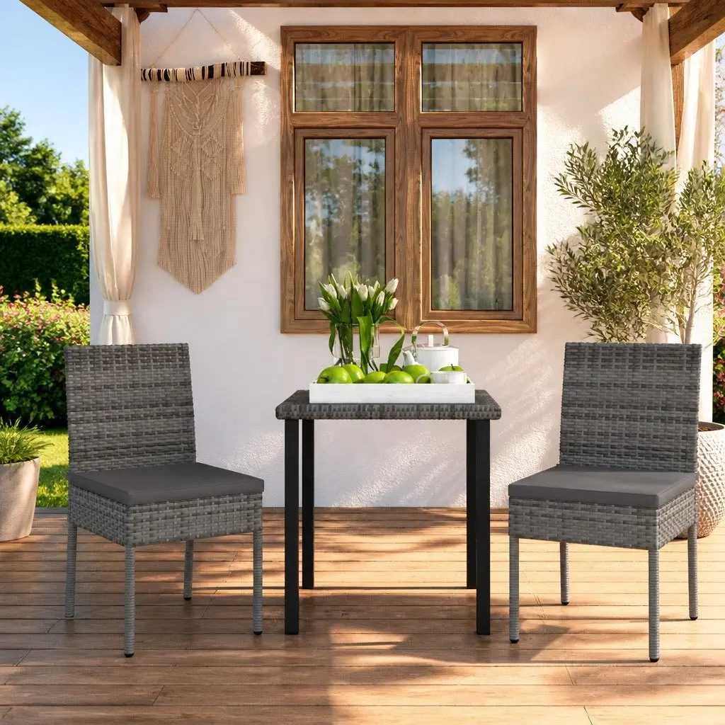 3 Piece Garden Dining Set Steel Frame PE Rattan Grey Outdoor Patio Furniture