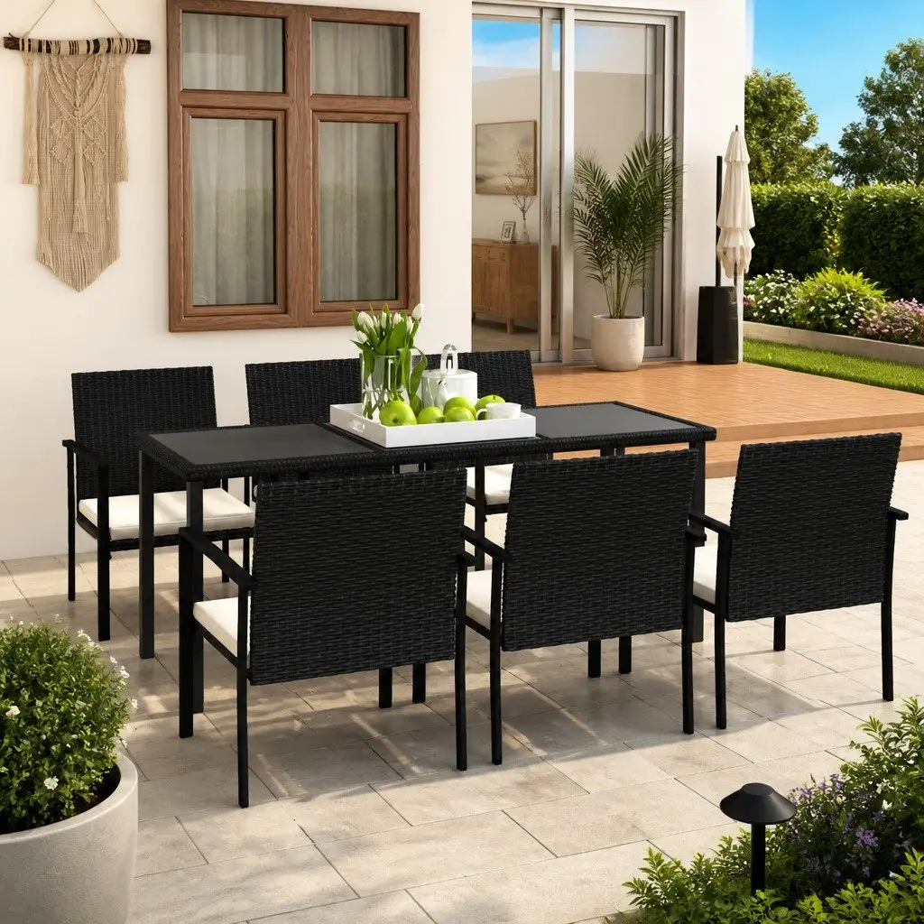 7 Piece Outdoor Garden Dining Set Steel Frame PE Rattan Black