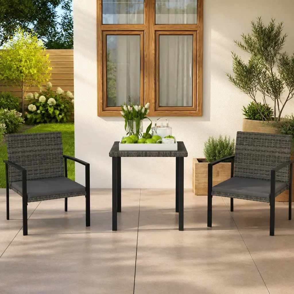 Outdoor Furniture Set Grey Rattan 3 Piece Garden Dining Table Chairs Steel Frame