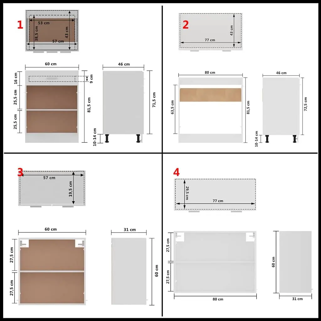 4 Piece Kitchen Cabinet Set Engineered Wood White Storage Cupboards