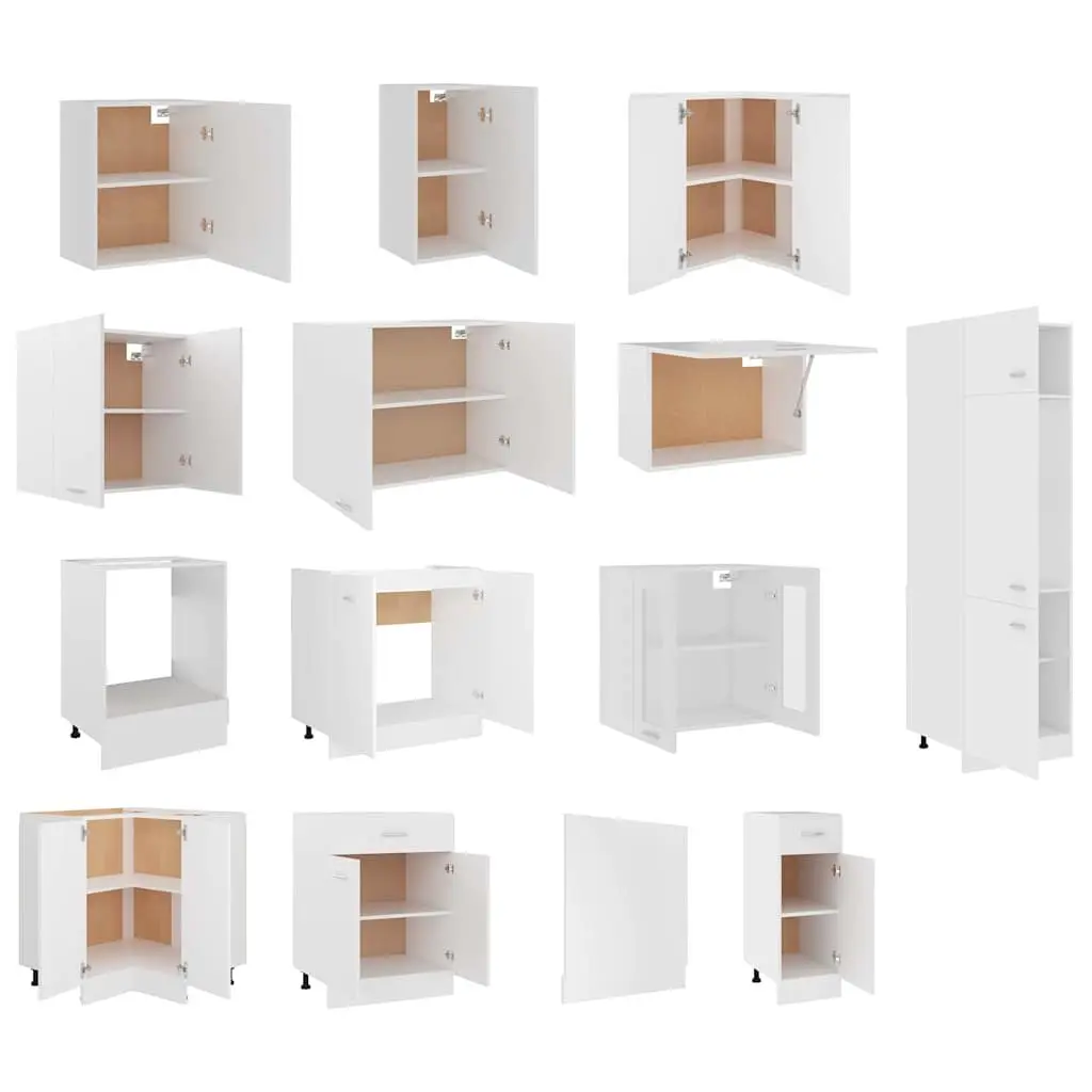 Kitchen Cabinet Set 14 Piece White Engineered Wood Storage Organiser Cupboard