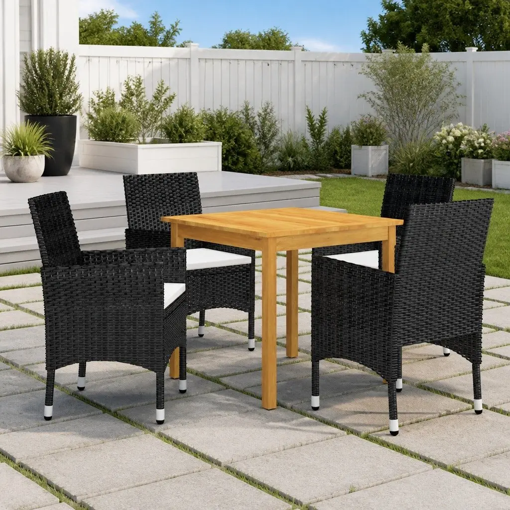 Garden Dining Set Solid Acacia Wood Table Powder-Coated Steel Frame 5 Piece Black Outdoor Furniture