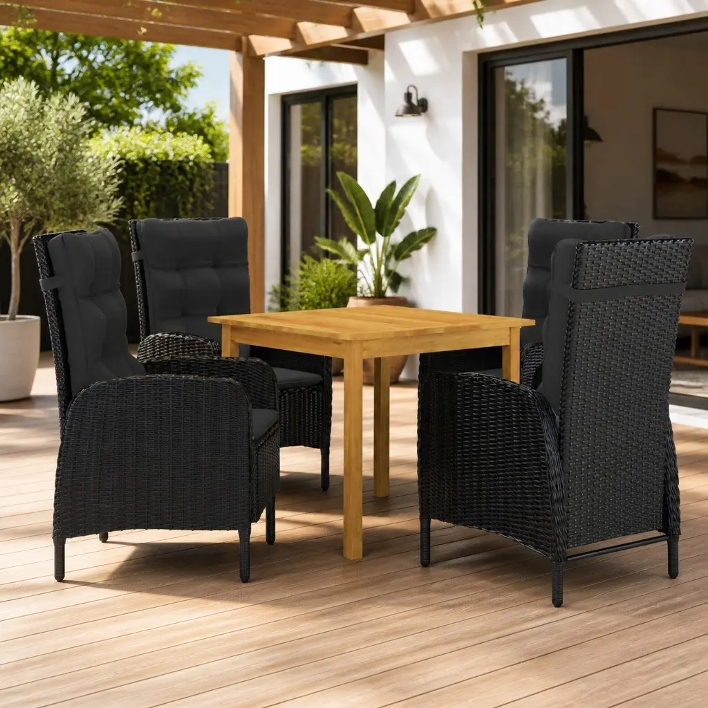 5 Piece Outdoor Dining Set Black Acacia Wood and Steel Rattan Ergonomic Chairs and Table