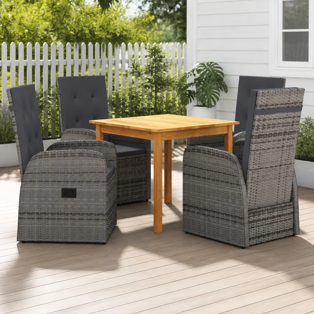 Garden Dining Set Acacia Wood Table Powder-Coated Steel Chairs 5 Piece Grey