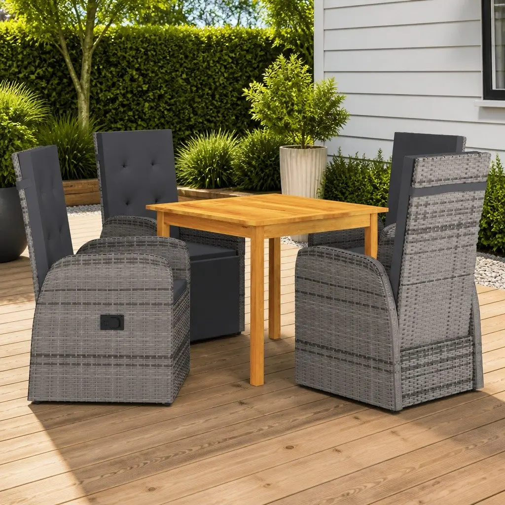 5 Piece Outdoor Dining Set Acacia Wood Table Rattan Chairs Grey Cushions