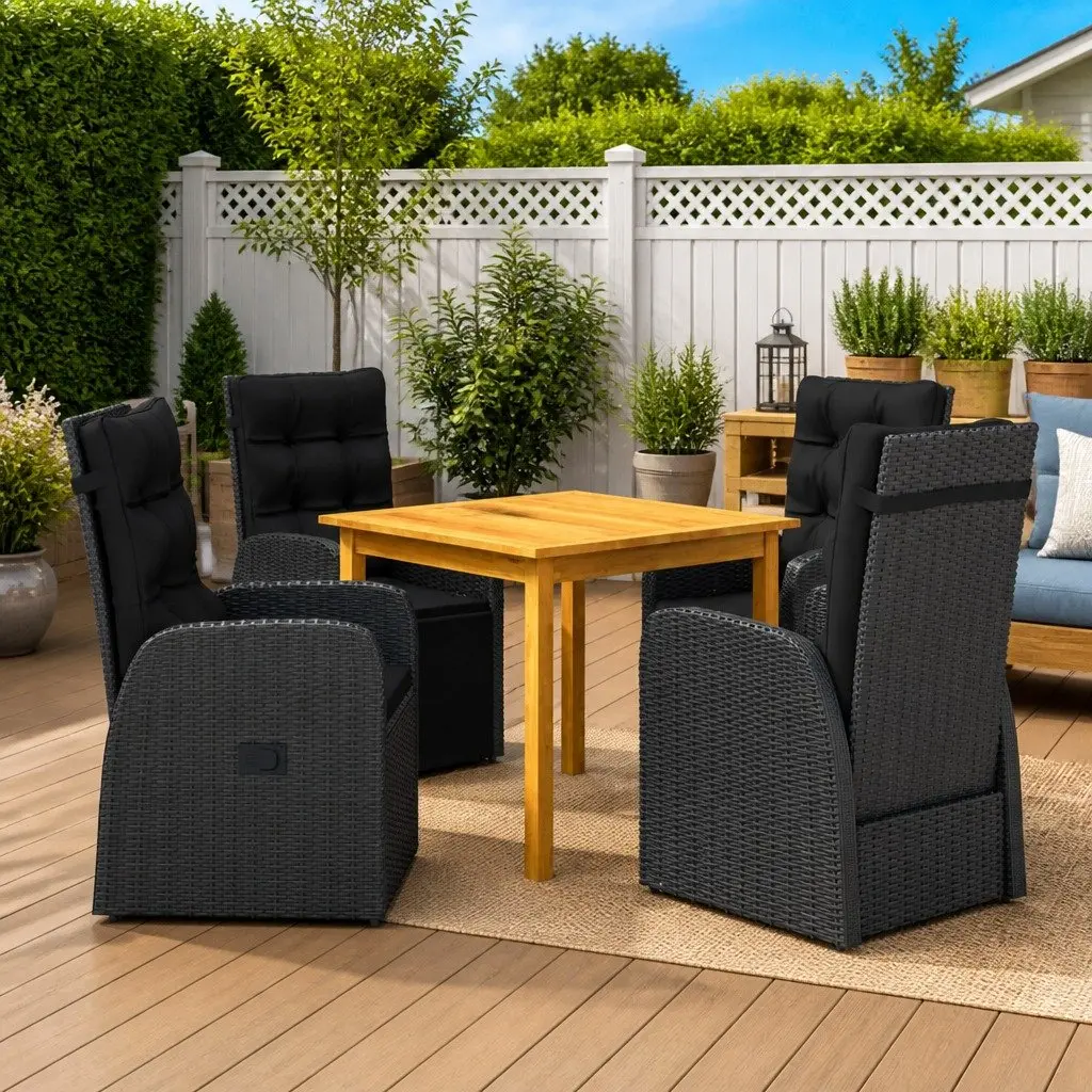 5 Piece Garden Dining Set Solid Acacia Wood Table Powder-Coated Steel Chairs Weather-Resistant PE Rattan Black