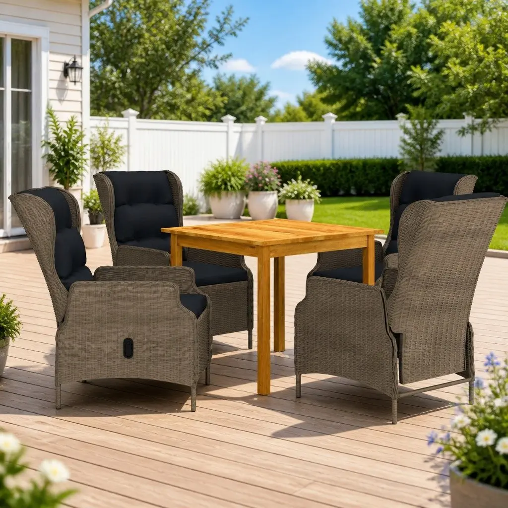 Garden Dining Set Solid Acacia Wood Table Powder Coated Steel Frame Chairs 5 Piece Brown Outdoor Furniture