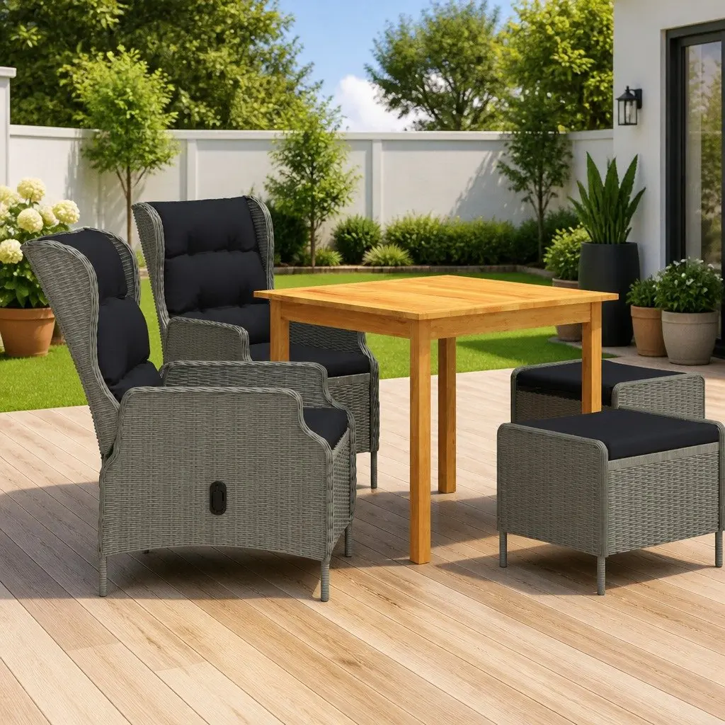 Outdoor Furniture Set 5 Piece Grey Acacia Wood Table Powder Coated Steel Frame Rattan Chairs Stools with Cushions