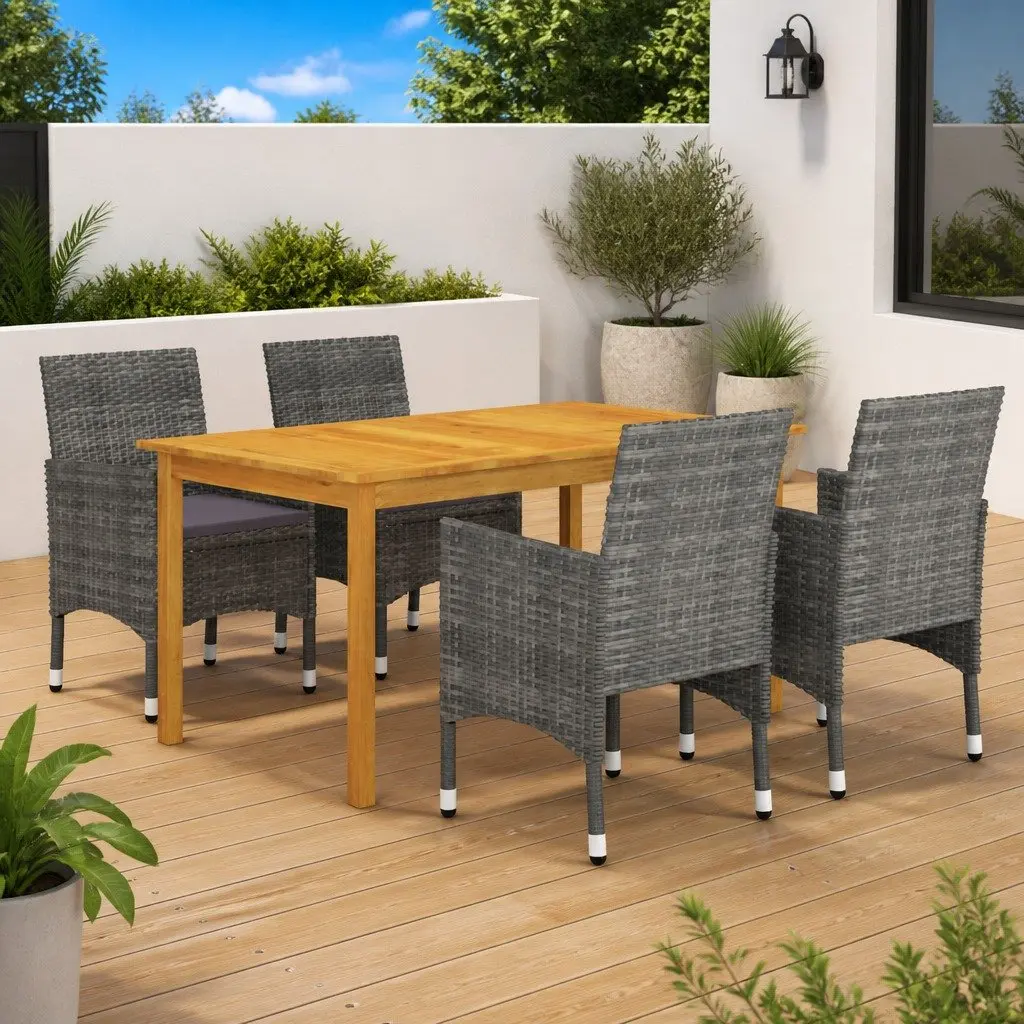 Garden Dining Set 5 Piece Acacia Wood Table Steel Frame Chairs Grey PE Rattan