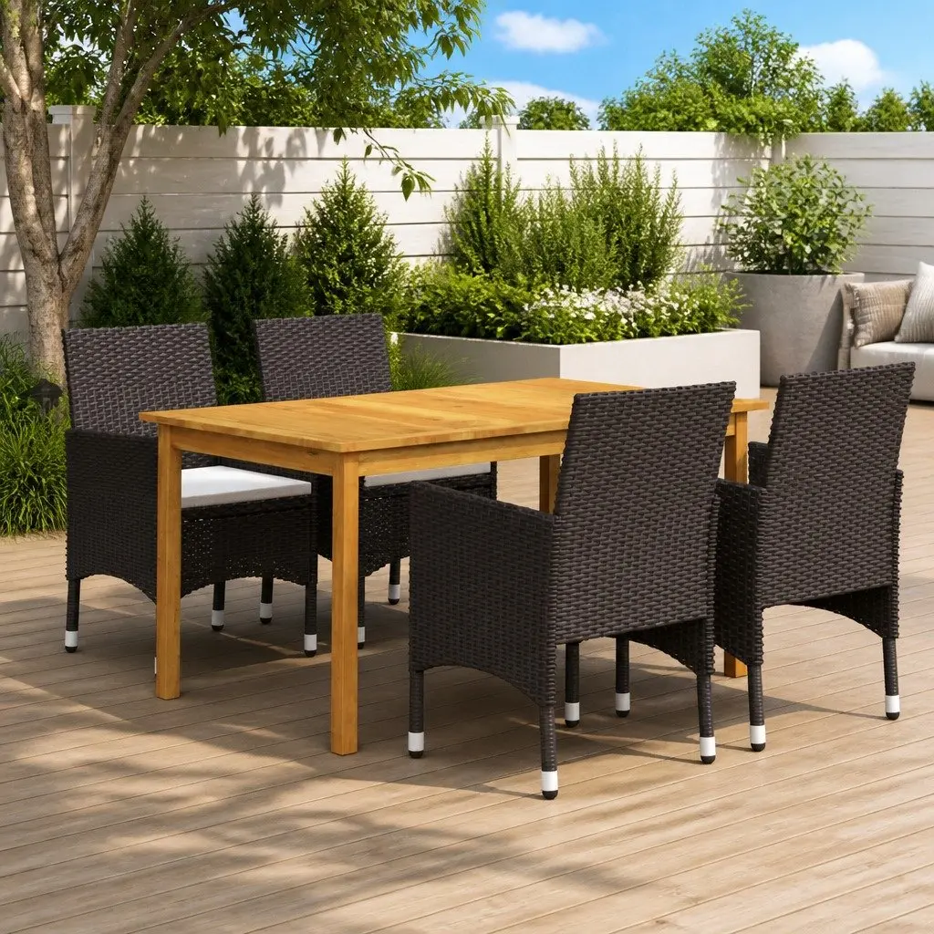 Garden Dining Set Acacia Wood Table Steel Frame PE Rattan 5 Piece Brown
