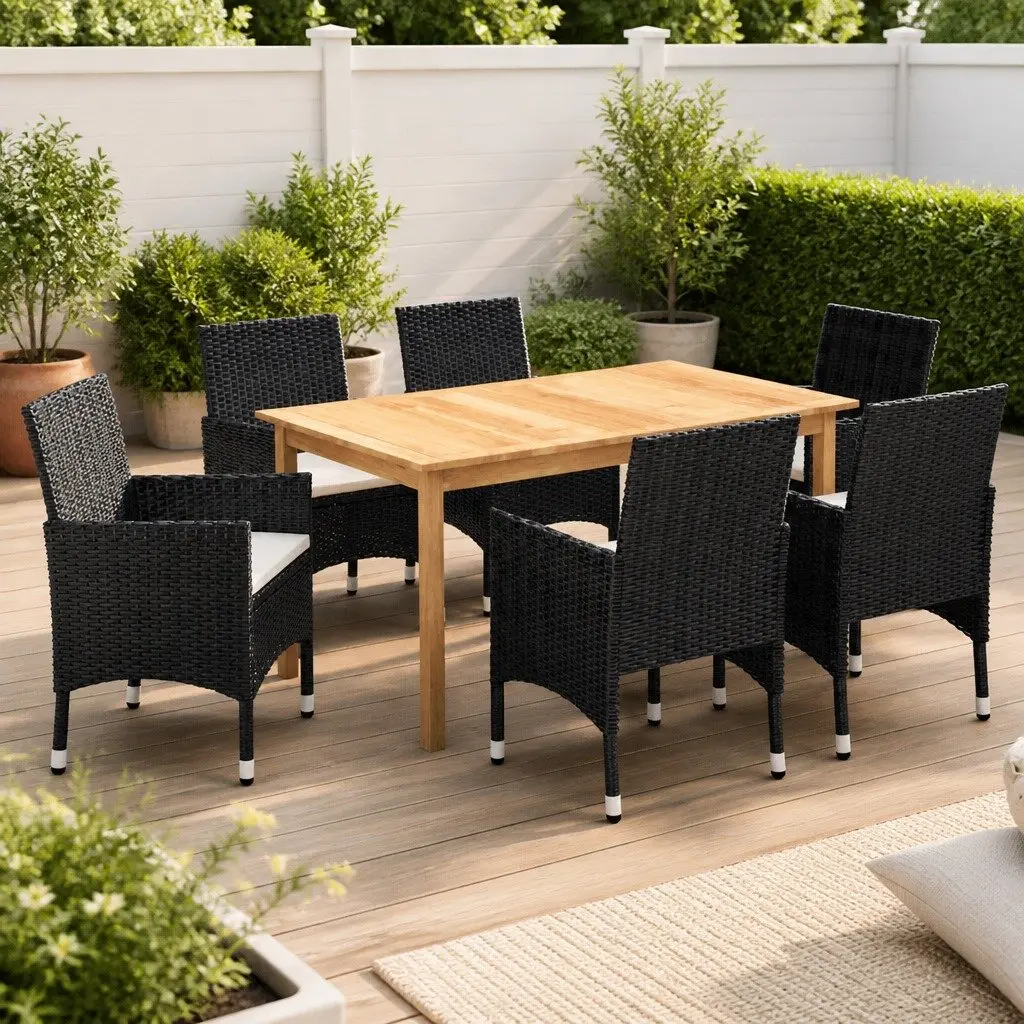 7 Piece Garden Dining Set Rattan Chairs with Cushions Acacia Wood Table Black