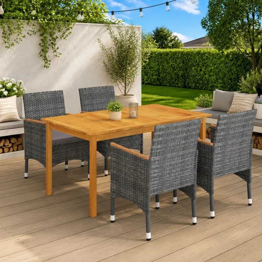 Garden Dining Set 5 Piece Solid Acacia Wood Table Powder-Coated Steel Frame PE Rattan Grey
