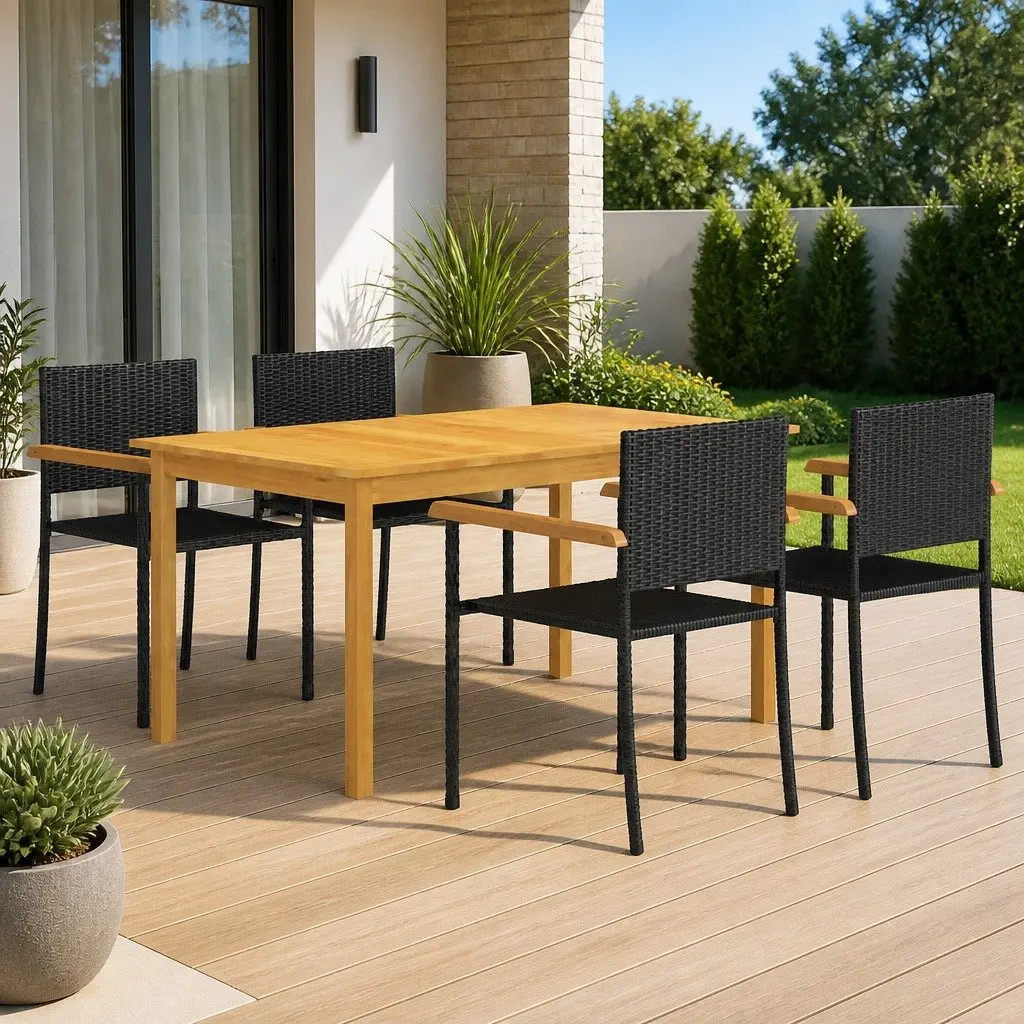 5 Piece Outdoor Dining Set Acacia Wood Table Steel Frame Chairs Black