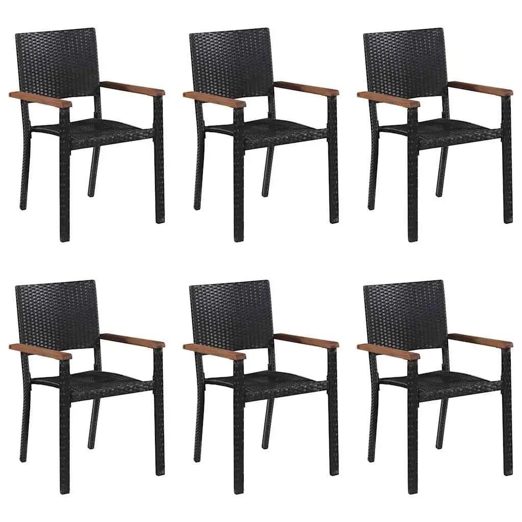 Garden Dining Set 7 Piece Acacia Wood Table Powder-Coated Steel Chairs Weather-Resistant PE Rattan Black