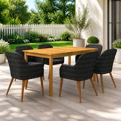 7 Piece Garden Dining Set Black Acacia Wood Steel Rattan Chairs Outdoor