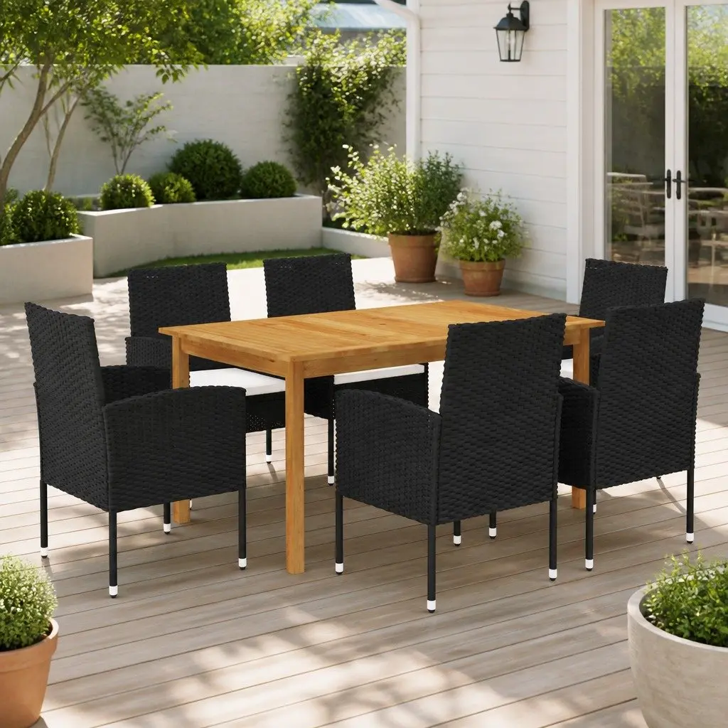 7 Piece Garden Dining Set Acacia Wood Table Powder-coated Steel Rattan Chairs Black