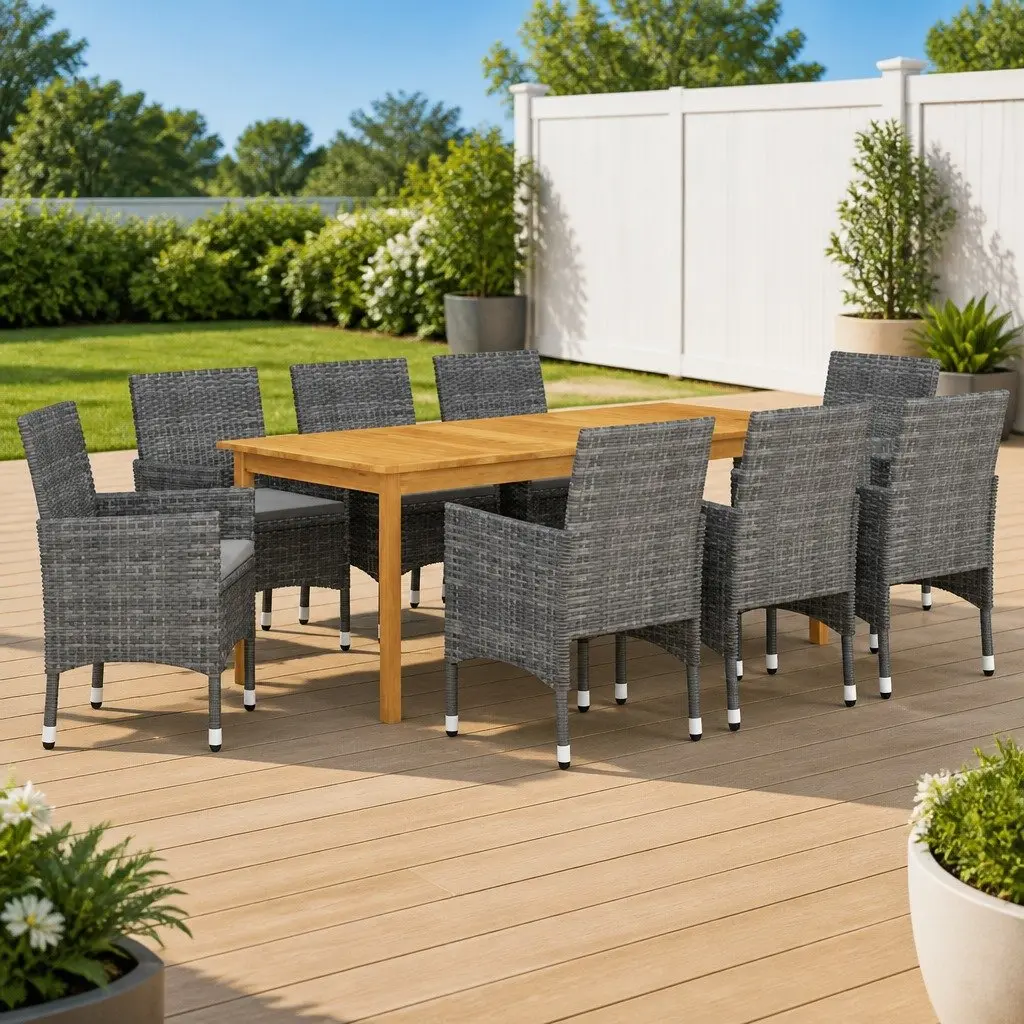Garden Dining Set 9 Piece Outdoor Furniture Acacia Wood Table Powder-coated Steel Frame Grey