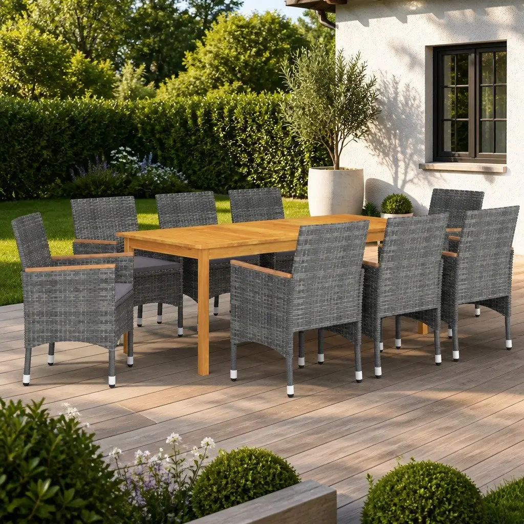 Garden Dining Set 9 Piece Outdoor Furniture Table Chairs Grey Acacia Wood Rattan